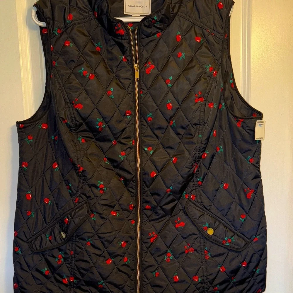 Charter Club Black Quilted Vest with Red and Green Floral - Picture 1 of 6